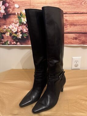 Circa Joan & David Black Leather Knee High Sz 8.5M Pointed Toe Heeled Tall Boots